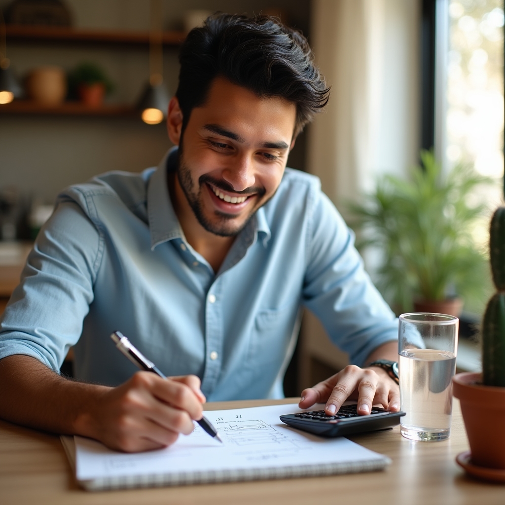 Person calculating emergency fund savings on a notebook