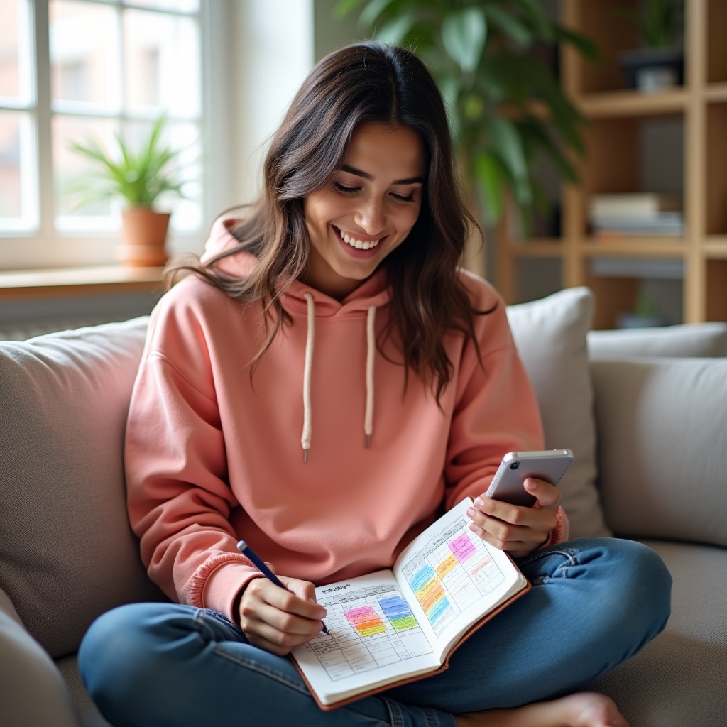 Young woman creating a monthly budget on paper and phone