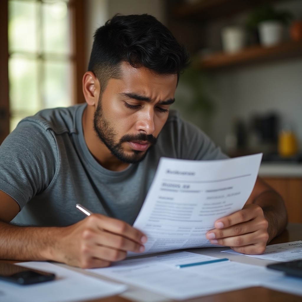 Young person reviewing credit card statements with concern
